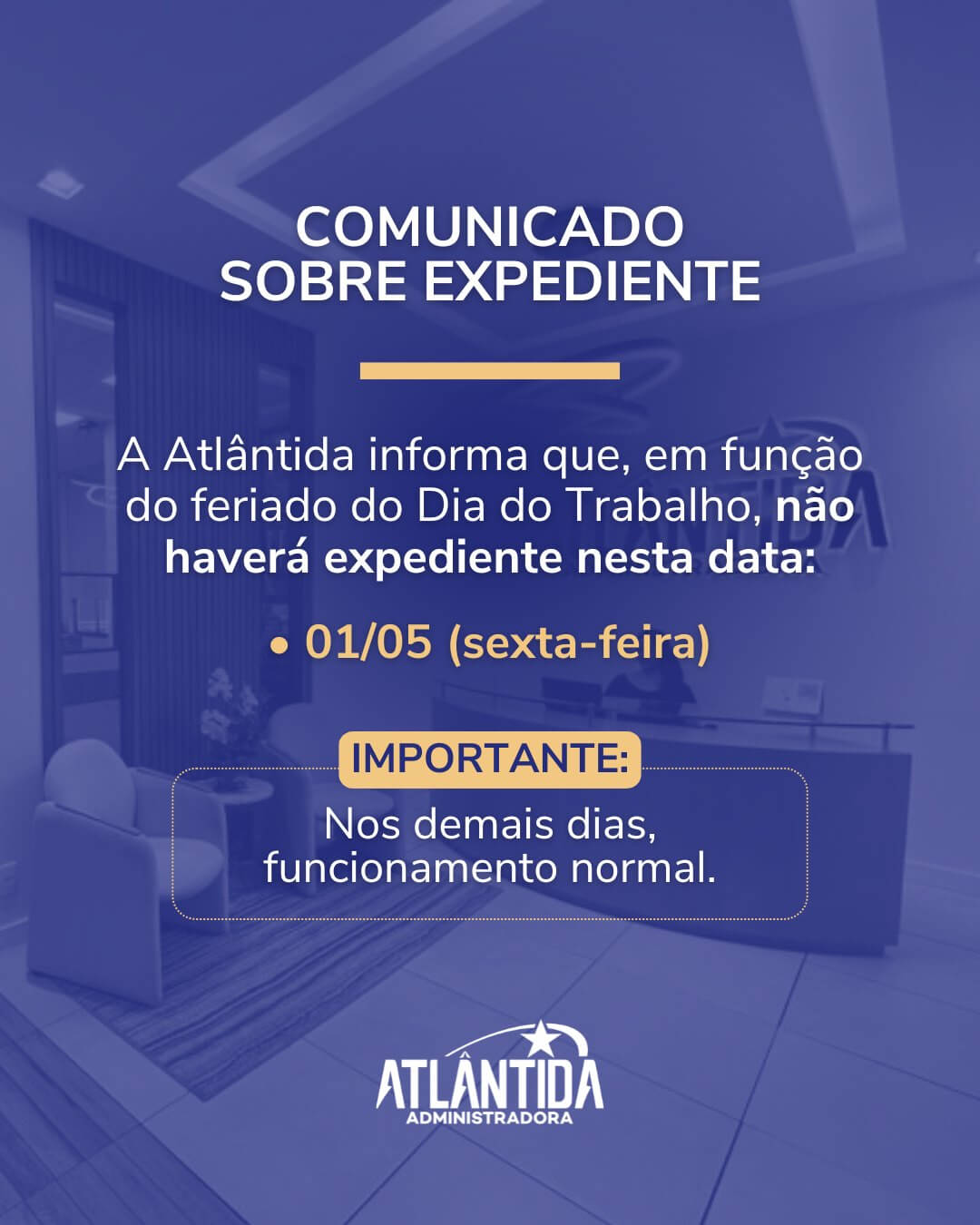 Comunicado sobre expediente • Feriado 1º de maio
